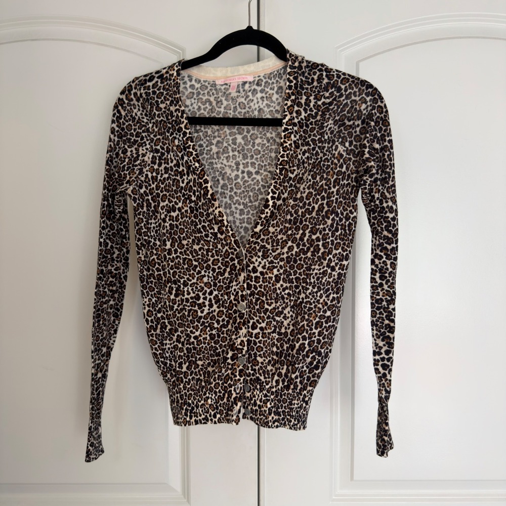 Victorias Secret Leopard Print Cotton V-Neck Cardigan Sweater Brown Black Small